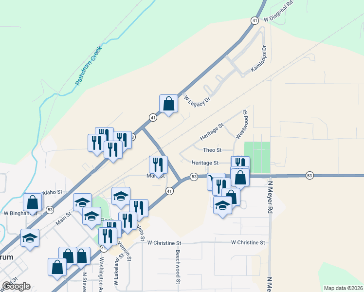 map of restaurants, bars, coffee shops, grocery stores, and more near 7147 Heritage Street in Rathdrum