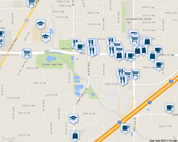 map of restaurants, bars, coffee shops, grocery stores, and more near 19806 50th Avenue West in Lynnwood