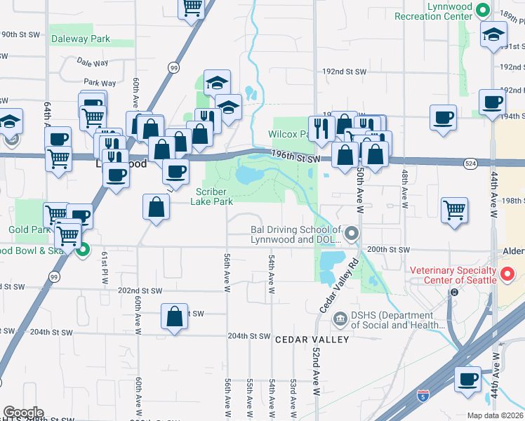 map of restaurants, bars, coffee shops, grocery stores, and more near 19828 Firwood Drive in Lynnwood