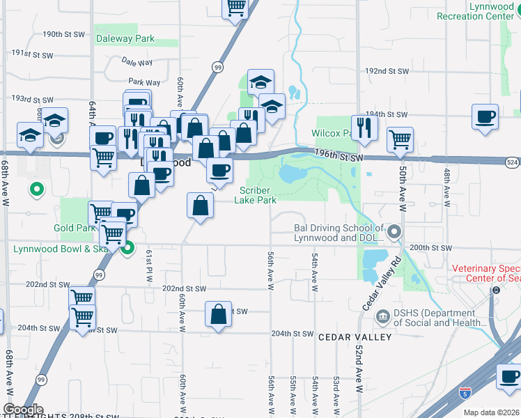 map of restaurants, bars, coffee shops, grocery stores, and more near 5630 198th Street Southwest in Lynnwood