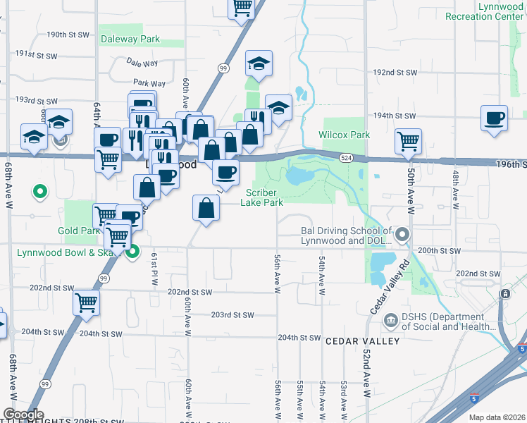 map of restaurants, bars, coffee shops, grocery stores, and more near 5630 198th Street Southwest in Lynnwood