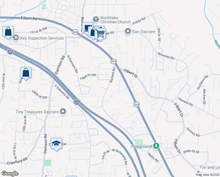 map of restaurants, bars, coffee shops, grocery stores, and more near 19731 Bartlett Road in Mill Creek