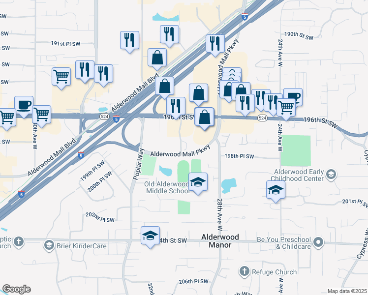 map of restaurants, bars, coffee shops, grocery stores, and more near 3005 Alderwood Mall Parkway in Lynnwood