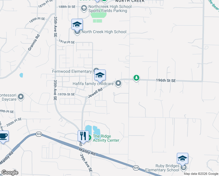 map of restaurants, bars, coffee shops, grocery stores, and more near 3915 198th Street Southeast in Bothell