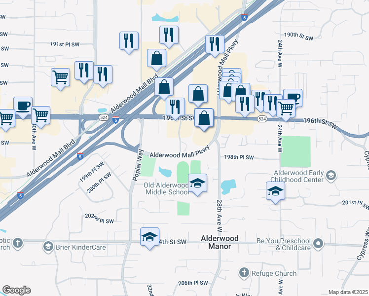 map of restaurants, bars, coffee shops, grocery stores, and more near 3005 Alderwood Mall Parkway in Lynnwood