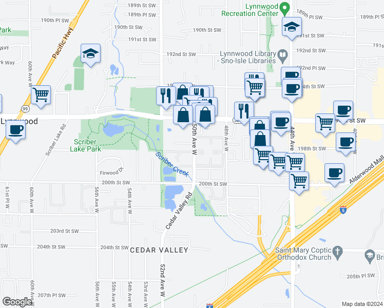 map of restaurants, bars, coffee shops, grocery stores, and more near 19806 50th Avenue West in Lynnwood
