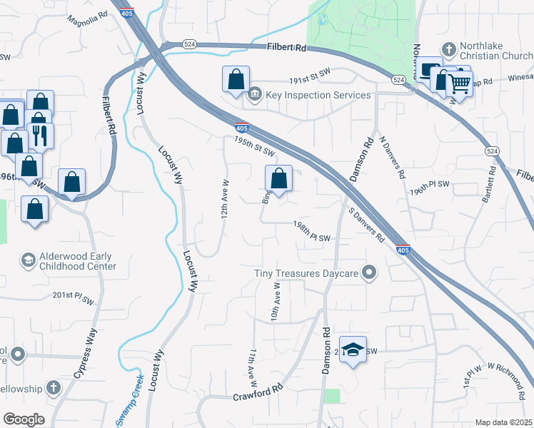map of restaurants, bars, coffee shops, grocery stores, and more near 19715 Bing Road in Lynnwood
