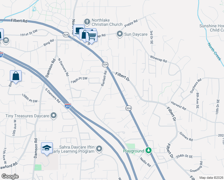 map of restaurants, bars, coffee shops, grocery stores, and more near 19617 Bartlett Road in Bothell
