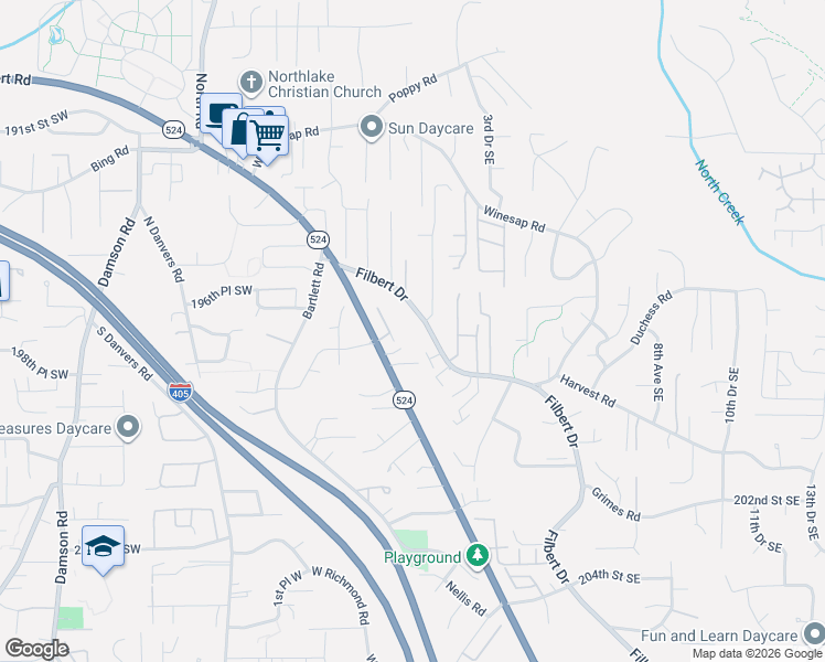 map of restaurants, bars, coffee shops, grocery stores, and more near 19628 Filbert Drive in Bothell