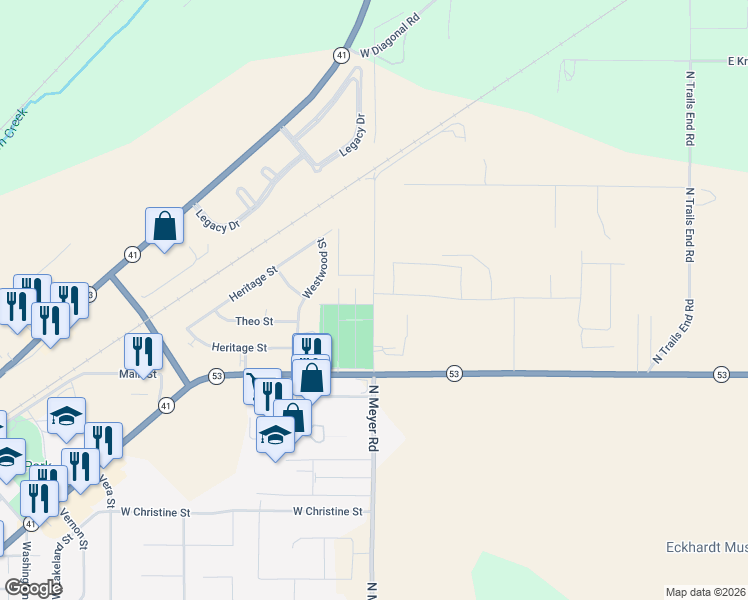 map of restaurants, bars, coffee shops, grocery stores, and more near 16262 North Meyer Road in Rathdrum