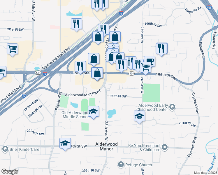map of restaurants, bars, coffee shops, grocery stores, and more near 2733 197TH Lane Southwest in Lynnwood