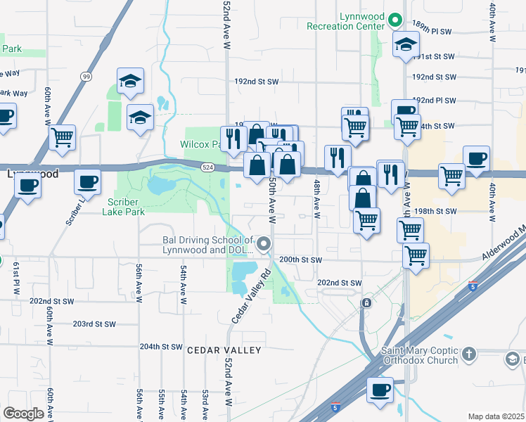 map of restaurants, bars, coffee shops, grocery stores, and more near 5026 196th Street Southwest in Lynnwood