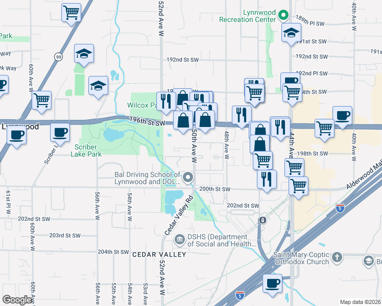 map of restaurants, bars, coffee shops, grocery stores, and more near 19712 50th Avenue West in Lynnwood