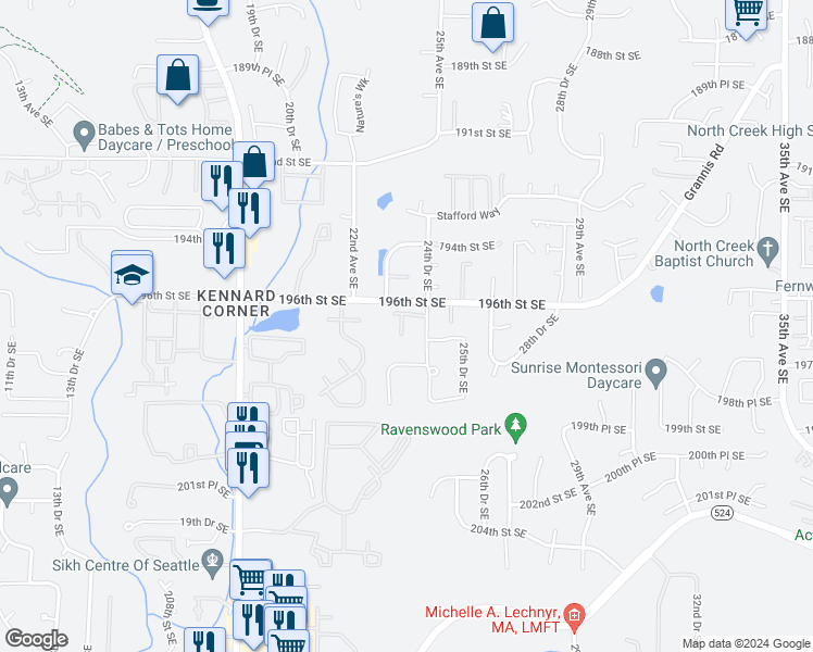 map of restaurants, bars, coffee shops, grocery stores, and more near 2405 196th Place Southeast in Bothell