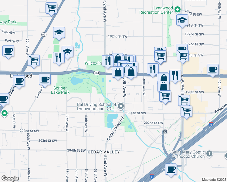 map of restaurants, bars, coffee shops, grocery stores, and more near 5110 196th Street Southwest in Lynnwood