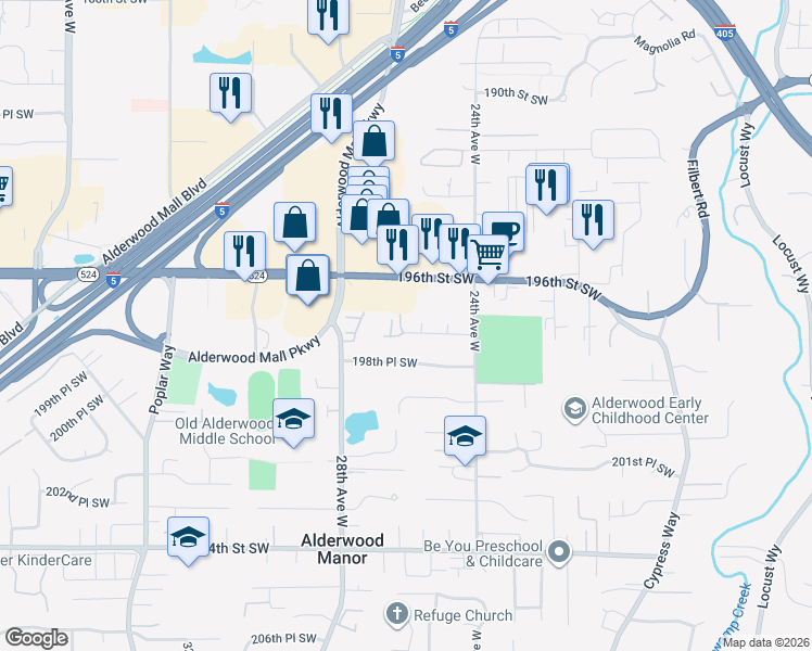 map of restaurants, bars, coffee shops, grocery stores, and more near 19715 26th Avenue West in Lynnwood
