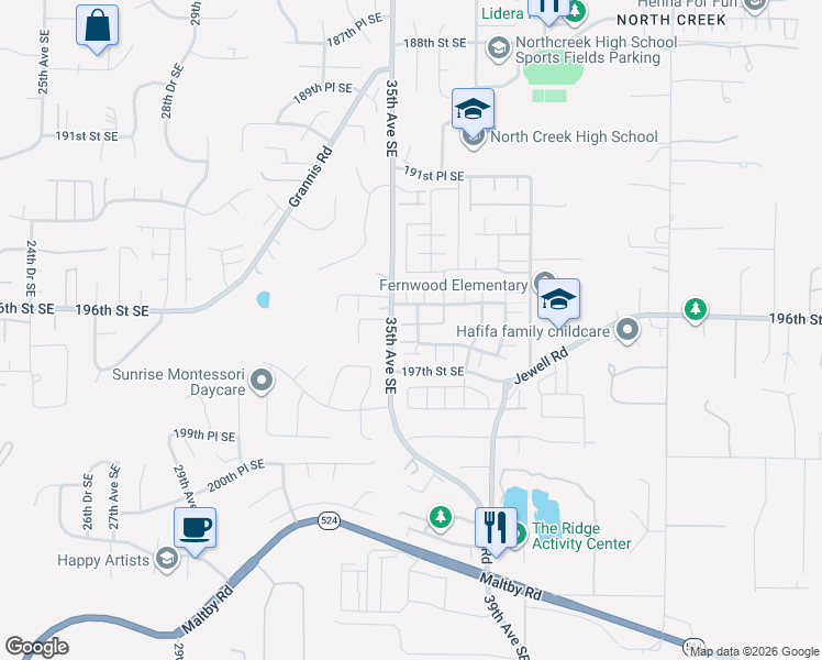 map of restaurants, bars, coffee shops, grocery stores, and more near 18106 35th Drive Southeast in Bothell