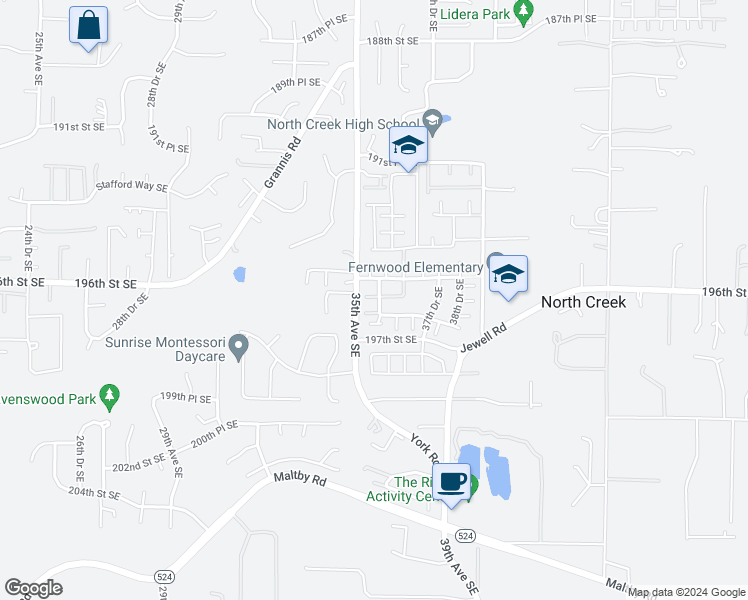 map of restaurants, bars, coffee shops, grocery stores, and more near 18106 35th Drive Southeast in Bothell