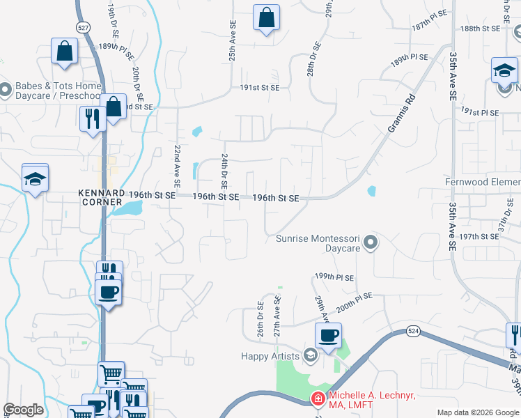 map of restaurants, bars, coffee shops, grocery stores, and more near 19611 26th Drive Southeast in Bothell