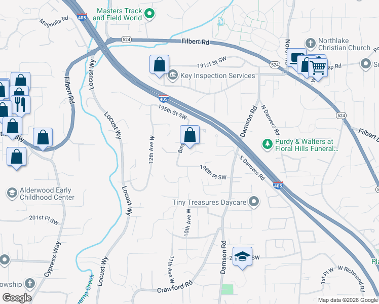 map of restaurants, bars, coffee shops, grocery stores, and more near 1012 196th Place Southwest in Lynnwood