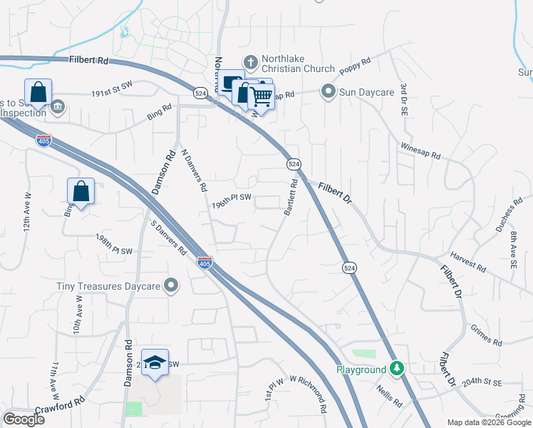 map of restaurants, bars, coffee shops, grocery stores, and more near 111 197th Street Southwest in Bothell