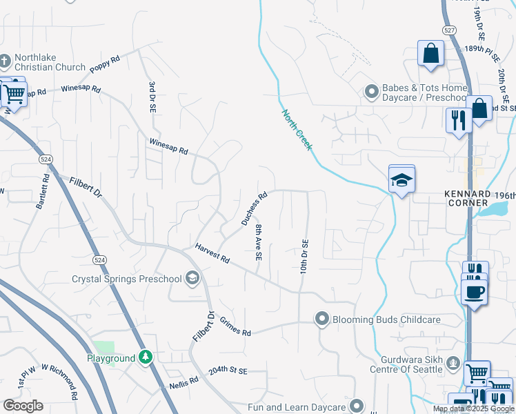map of restaurants, bars, coffee shops, grocery stores, and more near 804 Duchess Road in Bothell