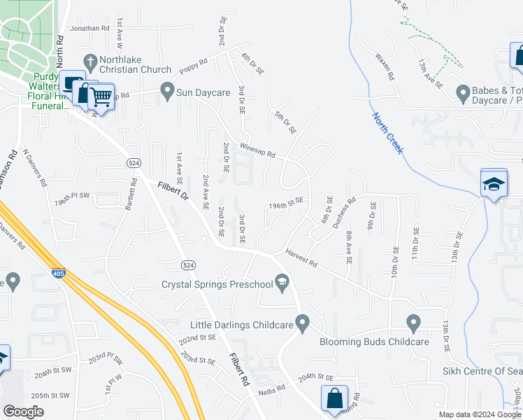 map of restaurants, bars, coffee shops, grocery stores, and more near 19616 4th Drive Southeast in Bothell