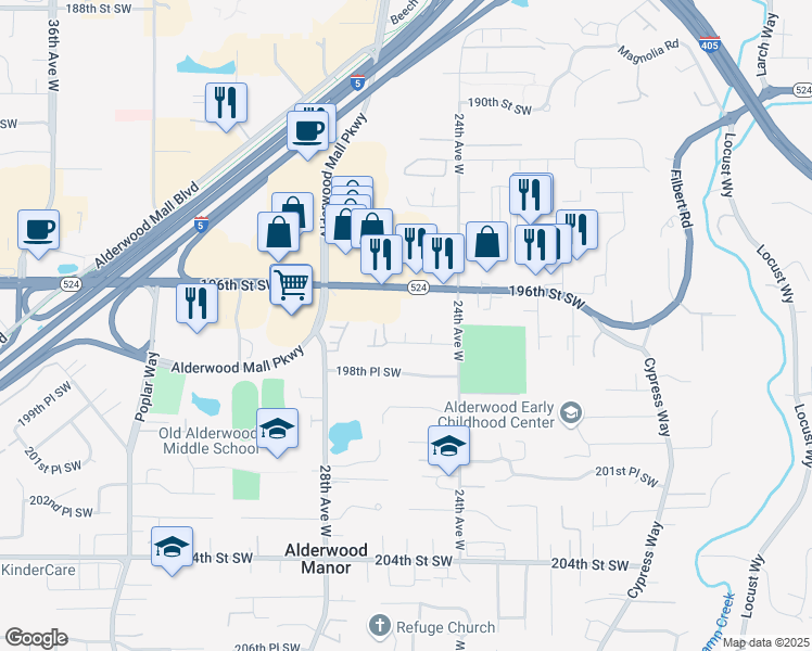 map of restaurants, bars, coffee shops, grocery stores, and more near 2521 197th Place Southwest in Lynnwood