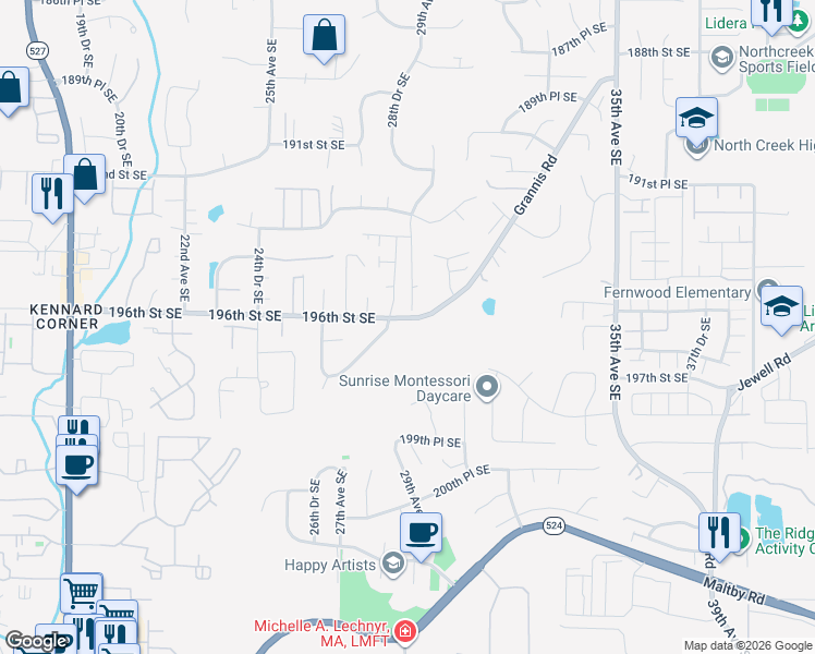 map of restaurants, bars, coffee shops, grocery stores, and more near 19605 28th Drive Southeast in Bothell