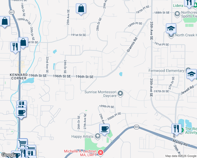 map of restaurants, bars, coffee shops, grocery stores, and more near 19605 28th Drive Southeast in Bothell