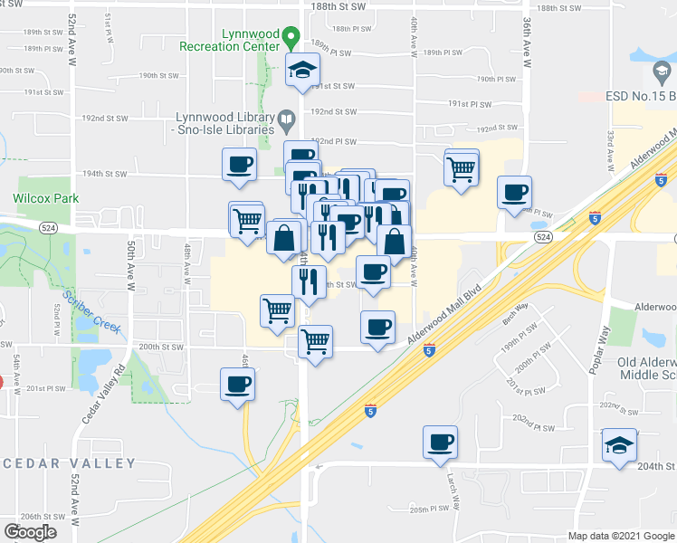 map of restaurants, bars, coffee shops, grocery stores, and more near 4303 198th Street Southwest in Lynnwood