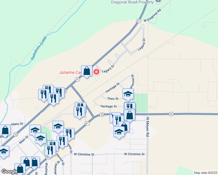 map of restaurants, bars, coffee shops, grocery stores, and more near 6821 Timberline Street in Rathdrum