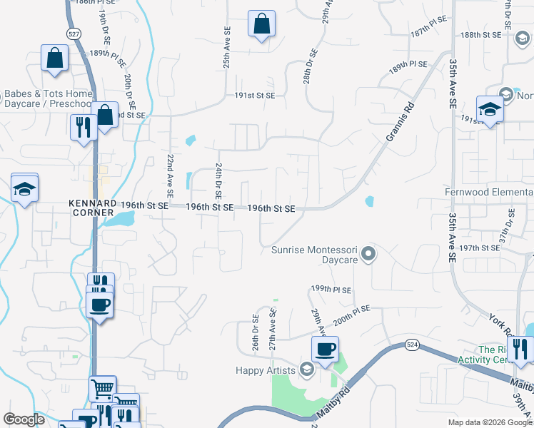 map of restaurants, bars, coffee shops, grocery stores, and more near 19611 26th Drive Southeast in Bothell