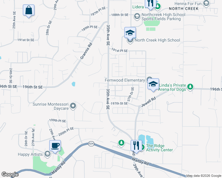 map of restaurants, bars, coffee shops, grocery stores, and more near 19606 35th Drive Southeast in Bothell