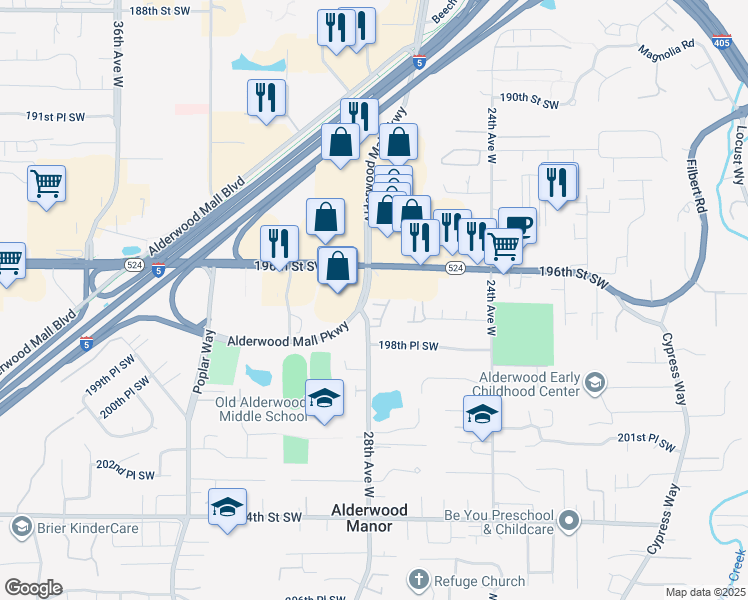 map of restaurants, bars, coffee shops, grocery stores, and more near 2733 197TH Lane Southwest in Lynnwood