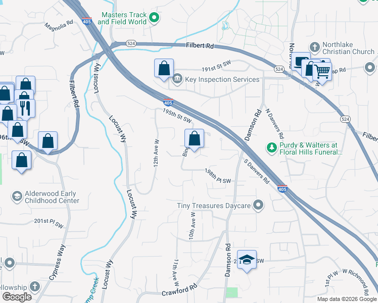 map of restaurants, bars, coffee shops, grocery stores, and more near 1012 196th Place Southwest in Lynnwood