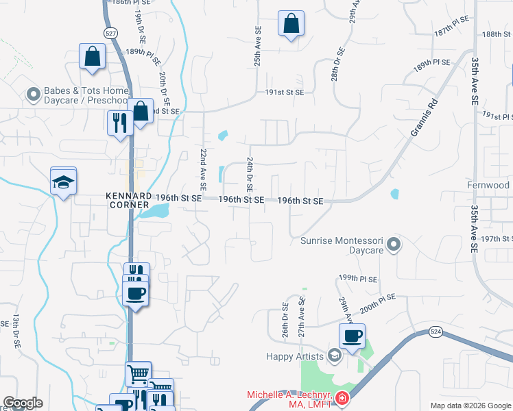 map of restaurants, bars, coffee shops, grocery stores, and more near 19603 25th Drive Southeast in Bothell