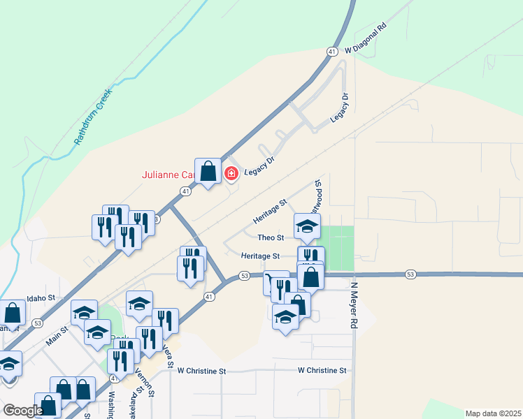 map of restaurants, bars, coffee shops, grocery stores, and more near 6821 Timberline Street in Rathdrum
