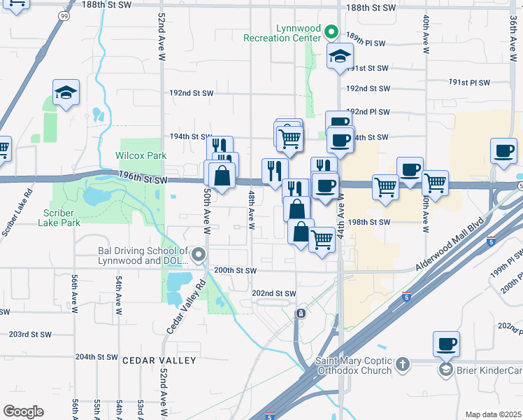 map of restaurants, bars, coffee shops, grocery stores, and more near 4600 196th Street Southwest in Lynnwood