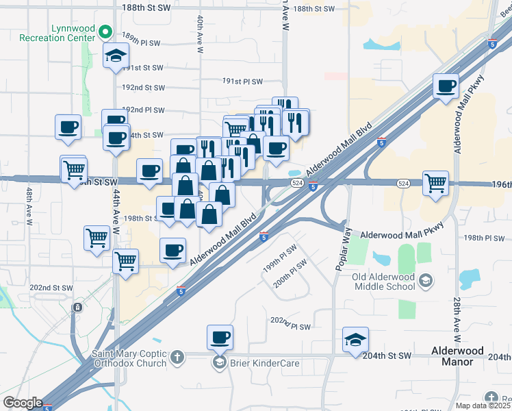 map of restaurants, bars, coffee shops, grocery stores, and more near 3720 196th Street Southwest in Lynnwood