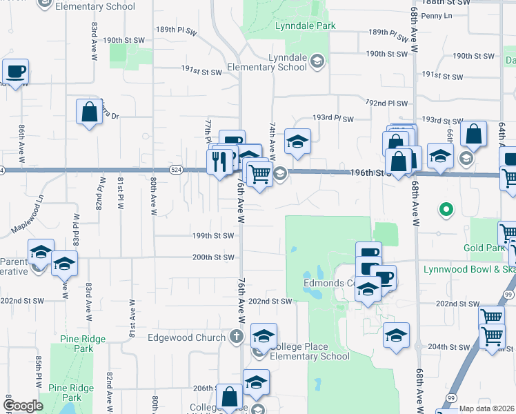 map of restaurants, bars, coffee shops, grocery stores, and more near 19725 76th Avenue West in Lynnwood