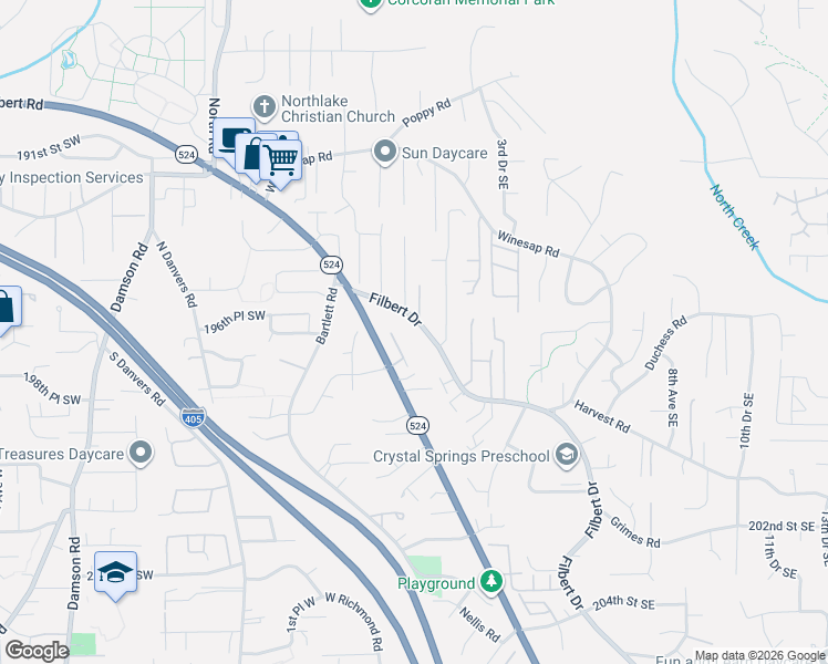 map of restaurants, bars, coffee shops, grocery stores, and more near 19612 Filbert Drive in Bothell
