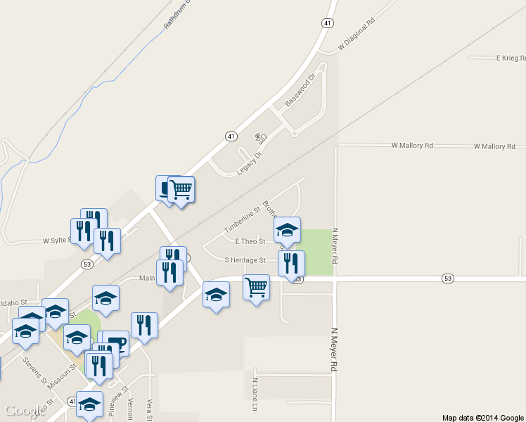 map of restaurants, bars, coffee shops, grocery stores, and more near 6728 Timberline Street in Rathdrum
