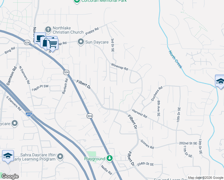 map of restaurants, bars, coffee shops, grocery stores, and more near 19614 3rd Drive Southeast in Bothell