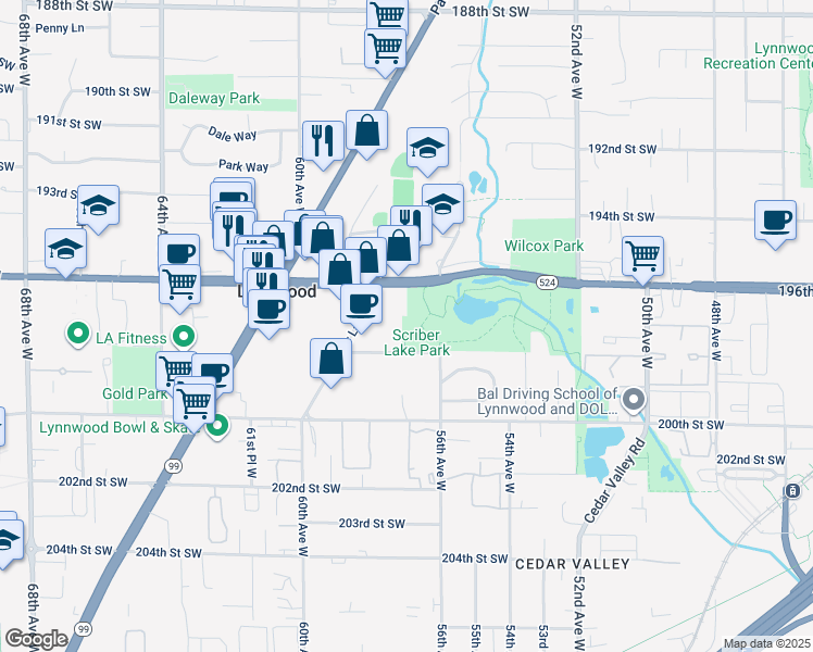 map of restaurants, bars, coffee shops, grocery stores, and more near in Lynnwood