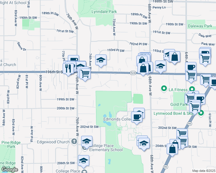 map of restaurants, bars, coffee shops, grocery stores, and more near 7215 198th Street Southwest in Lynnwood