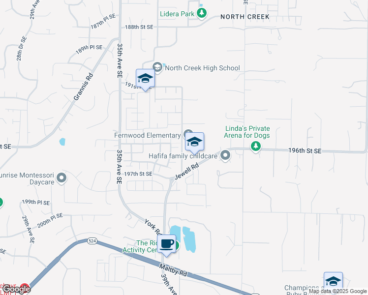 map of restaurants, bars, coffee shops, grocery stores, and more near 3933 Jewell Road in Bothell