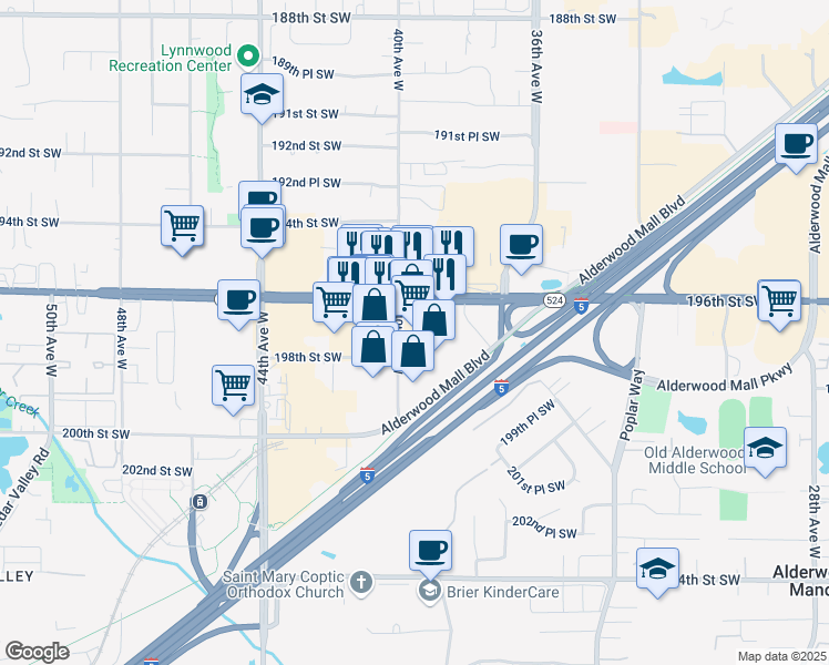map of restaurants, bars, coffee shops, grocery stores, and more near 19725 40th Avenue West in Lynnwood