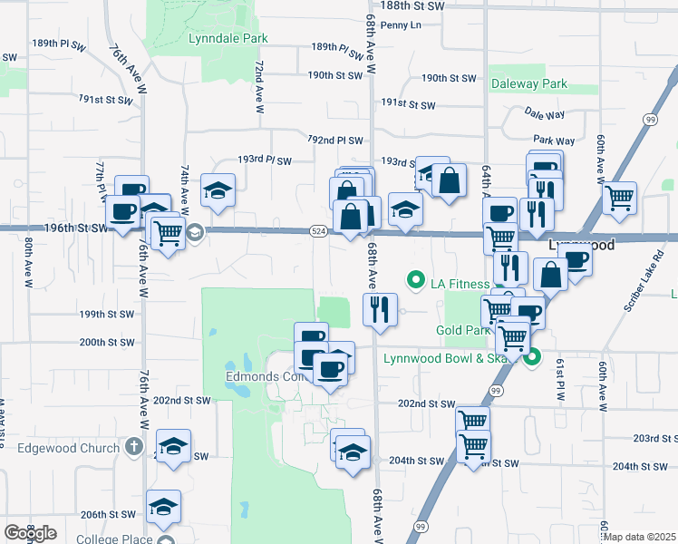 map of restaurants, bars, coffee shops, grocery stores, and more near 19715 69th Place West in Lynnwood