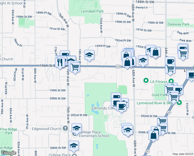 map of restaurants, bars, coffee shops, grocery stores, and more near 7215 198th Street Southwest in Lynnwood